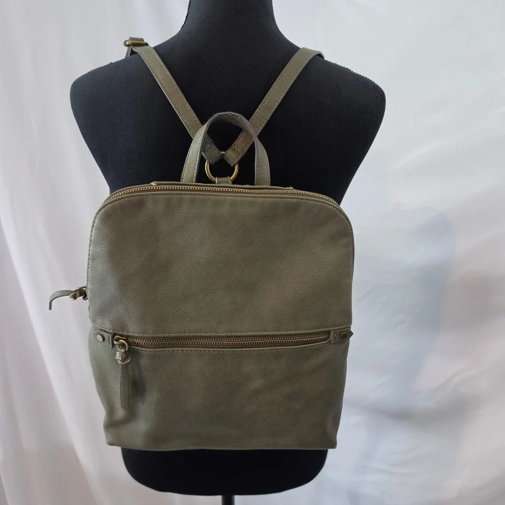 Olive Green Faux Leather Backpack Pockets Minimalist Grunge Festival Goblincore